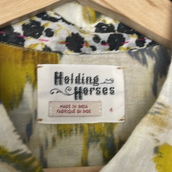 Anthropologie X Holding Horses Abstract Boho Hi-Low Ruffle Hem Roll Tab Blouse - Picture 6 of 9